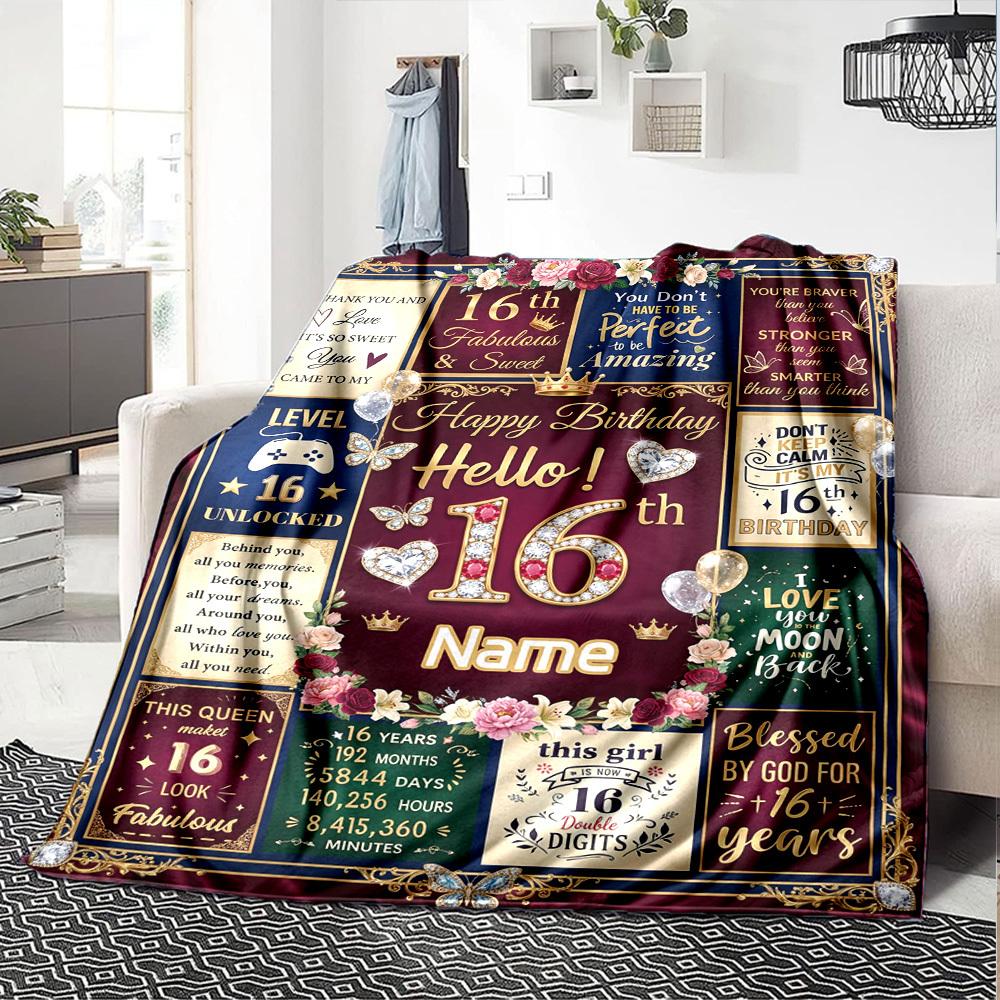 Happy 16Th Birthday Themed Blanket Personalized Name Soft Warm And Versatile For Sofa Bed Office And Travel Machine Washable Comfortable In All