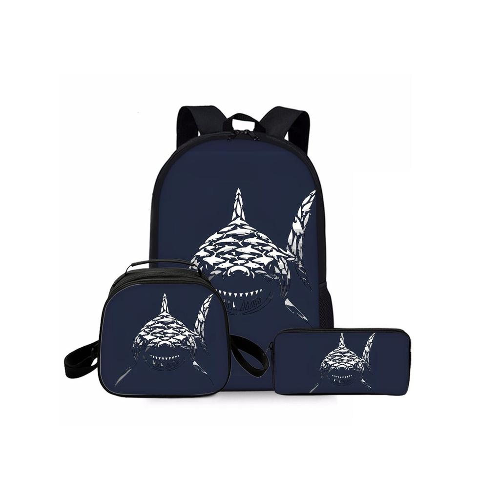 Shark Marine Print Three Piece Set Backpacks for Boy/Girls Best Gift 2D Cartoon Fashionable School Bag for Children