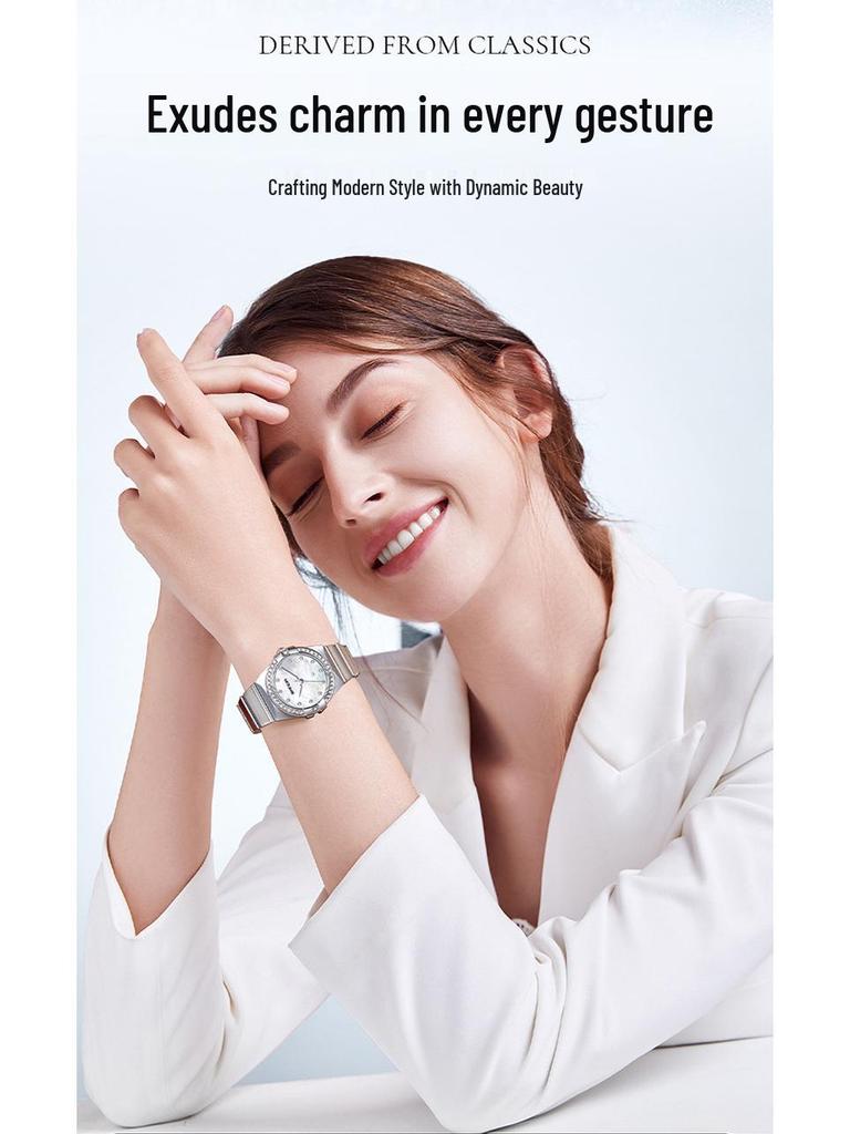 SANDA Dames Luminous Kwarts Horloge: Stalen Band, Bez Diamonds, Waterdicht, met Sunray Parelmoer Wijzerplaat.