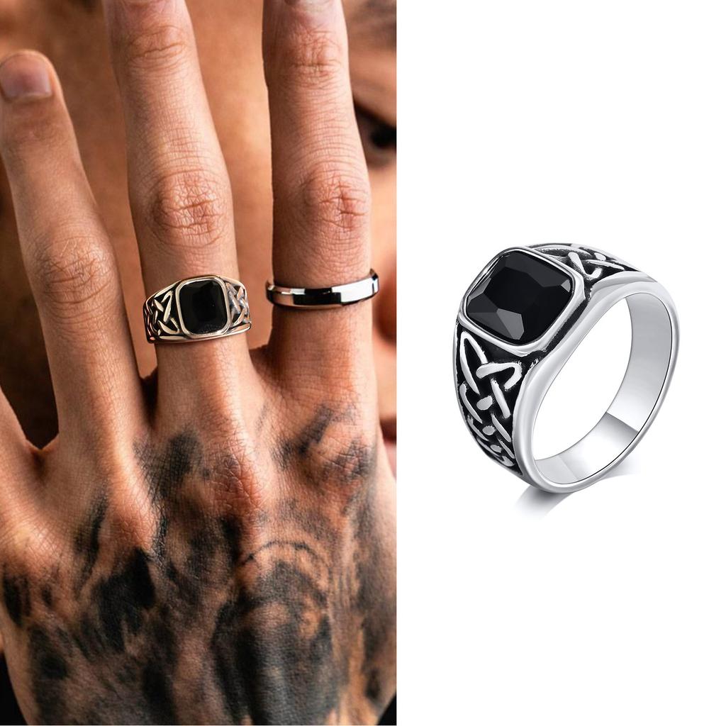 Punk Vintage Ethnic Rings for Men Retro Viking Knot Rune Finger Band, Black Geometric Square Stone Signet Ring Jewelry