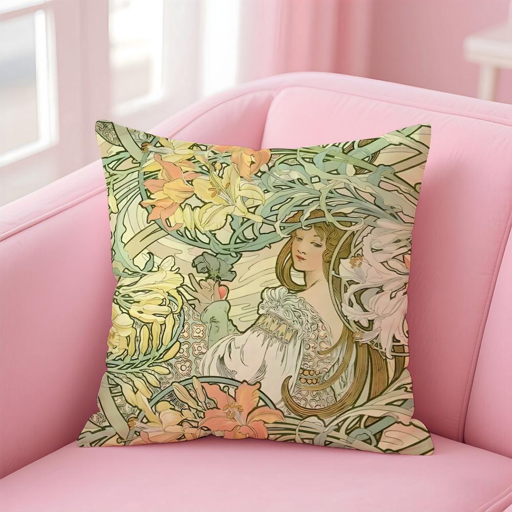 artistic AAlphonse Maria Mucha Cushion Cover Pillow Case Soft Skin Friendly Fabric Comfort Concealed Zipper
