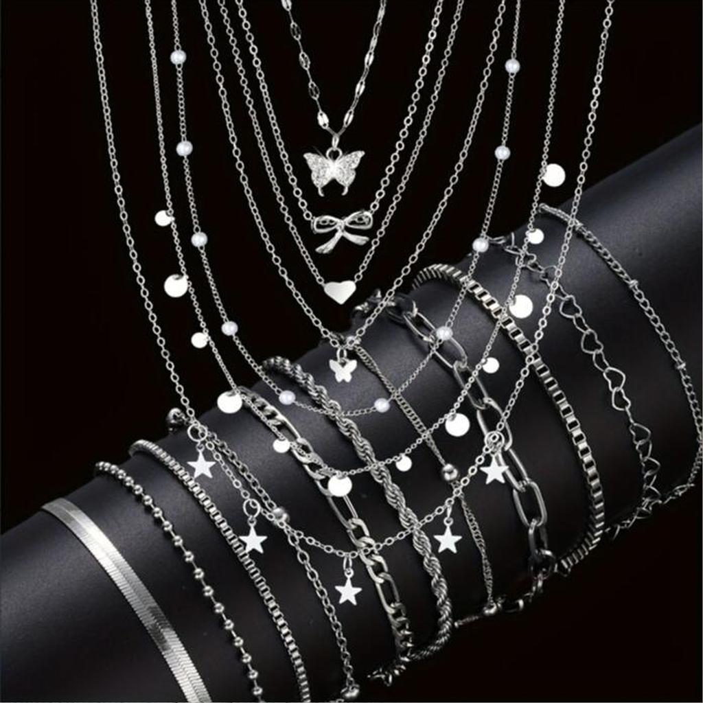 Ensemble de bijoux mode minimaliste 17 pièces pour femmes Collier avec pendentif torsadé vintage os de serpent cœur papillon étoile Bracelets Ensembles Cadeau