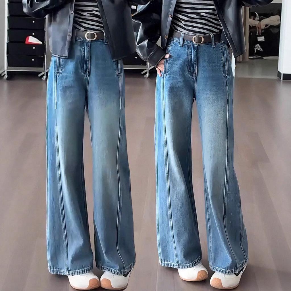 Women's High Waist Wide Leg Jeans Vintage Blue Solid Color Loose Bootcut Denim Trousers Lazy Commuter Long Pants