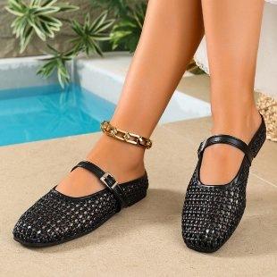 Women s Woven Ballet Flats Mesh Mary Jane Shoes Dressy Non-Slip Squared Closed Toe Comfortable Buckle Strap Casual Summer Fishnet Flats for Women 36 чёрный