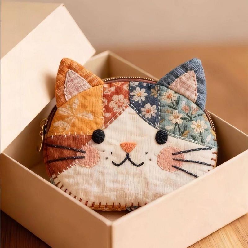 Cute Cat Shaped Handmade Patchwork Coin Purse Soft Cotton For Carrying Coins Keys Lipsticks Daily Use