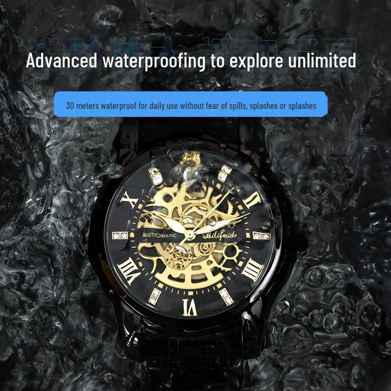 Aili Feida Men's Quartz Hollow Watch with Visible Back and Butterfly Buckle