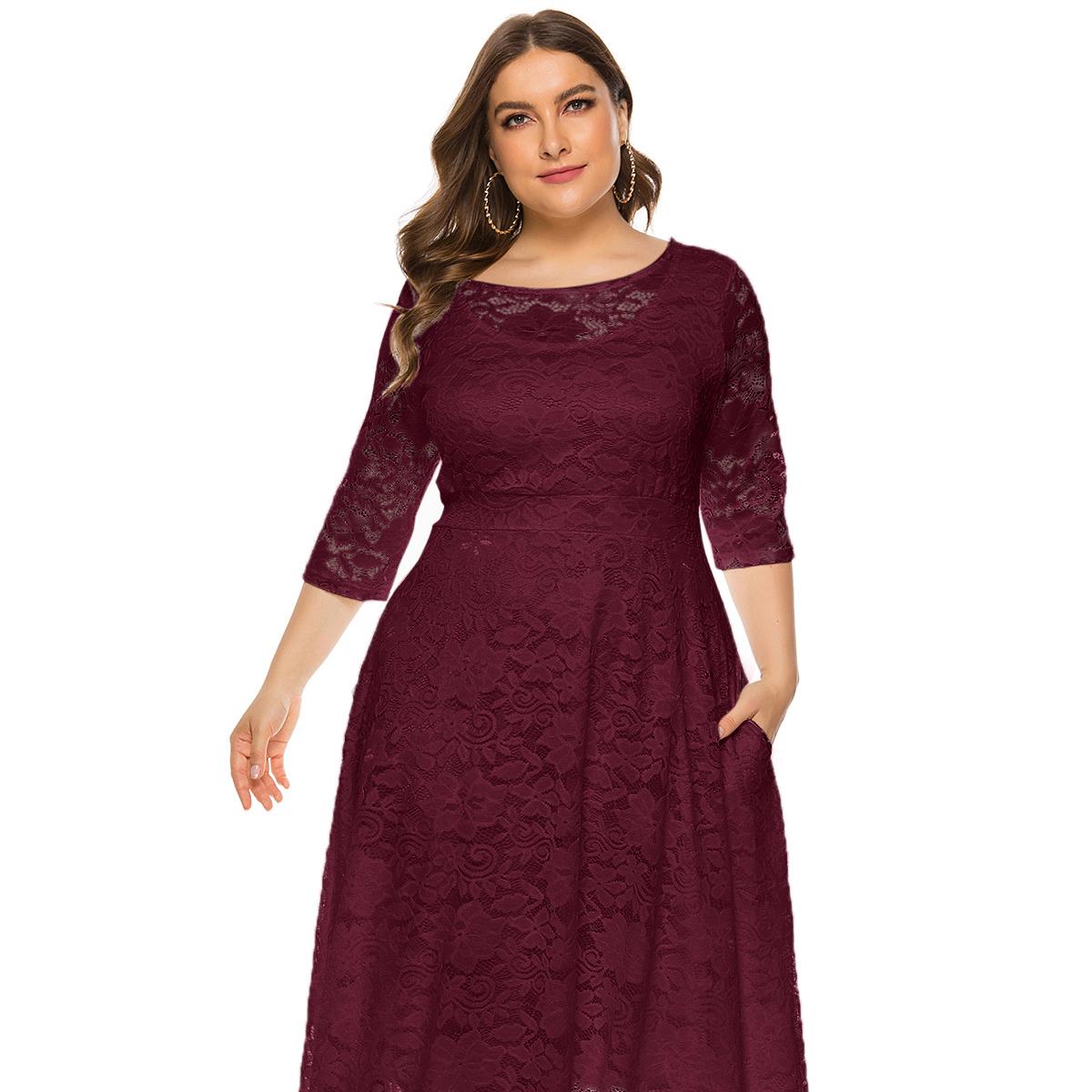 

Plus Size Fashion Popular Evening Dress Medium Length Hollow Lace Dresses Red White Black Blue Clothes 6XL винний