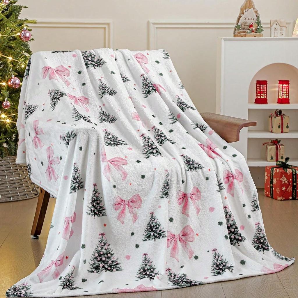 1pc Christmas Pink Bow & Tree Flannel Blanket, 2D Flat Print, Multi-Season for Bedroom, Living Room & Camping