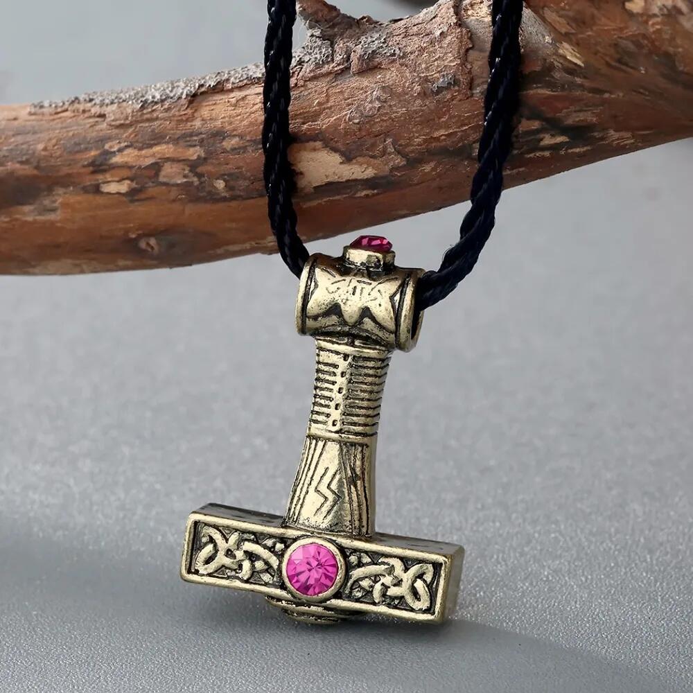 

Kinitial Retro Women Svarog Hammer Silver Color Pendant Slavic Charm Perun Odin Pink Zircon Crystal Necklace Jewelry Accessories 45cm