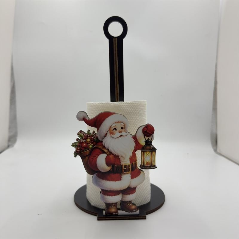 Wood Paper Towel Roll Holder with Vertical Center Post, Round Base, and Christmas Animal Panel for Countertop Use