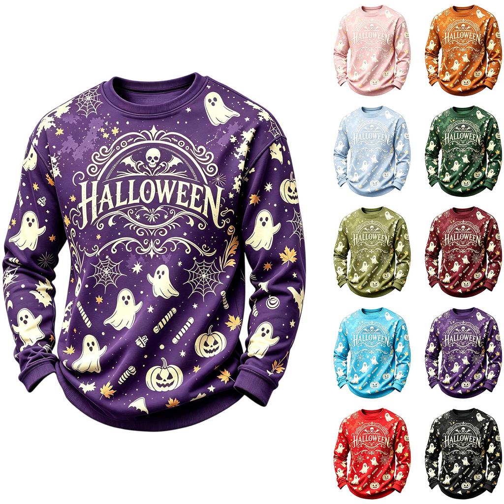 Men's Casual Round Neck Long Sleeve Top with Halloween Print