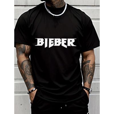 European Sizes Men's T - Shirt Street Style Casual Trendy Bieber Letter Pattern Men's Fashion for Adults Men Casual Wear Daily Outfit