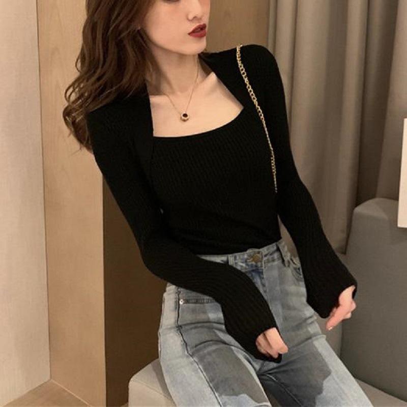 

Autumn and winter temperament long-sleeved tight-fitting pure desire top women s fashion high-end revealing collarbone top bottoming shirt 48-301 (average size) чорний