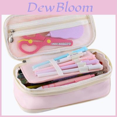 Stylish Macaron Color Canvas Expandable Large Capacity Pencil Case With Dual Zippers