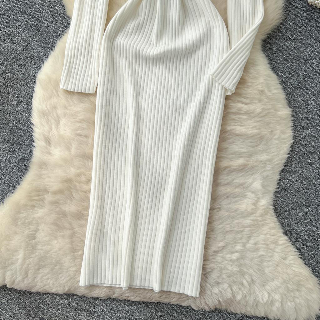 Spring Autumn Women Casual V-neck Full Sleeve Knitted Sweater Midi Pencil Dresses with Belt