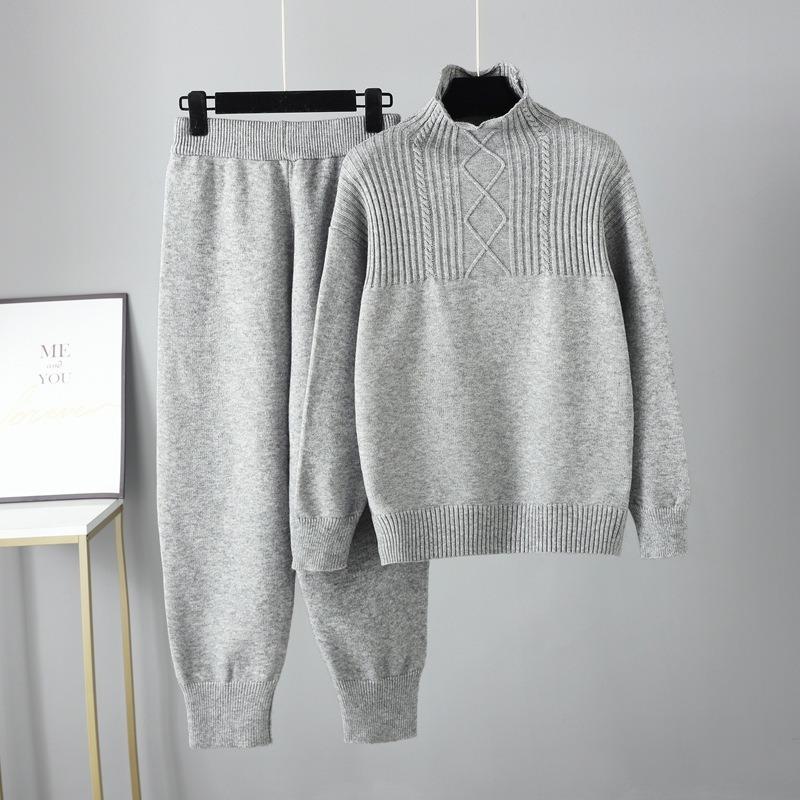 Semi-turtleneck casual loose sweater for women's autumn and winter new versatile gentle wind soft waxy knitted trousers suit for women