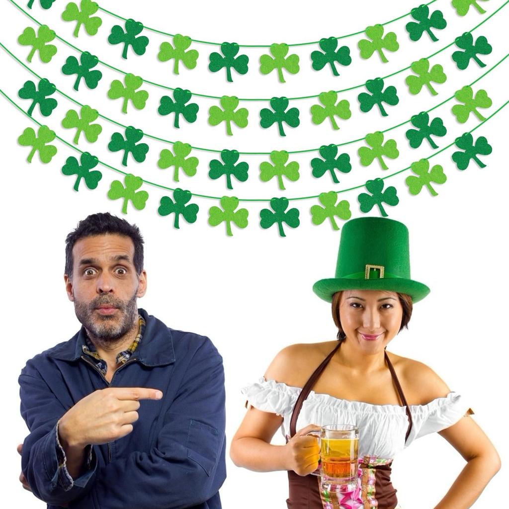 St Patricks Day Decorations 4PCS Felt Shamrock Garland Banner - NO DIY Shamrock Clover Garland Banner for St Patricks Day Decor - Dark Green Light