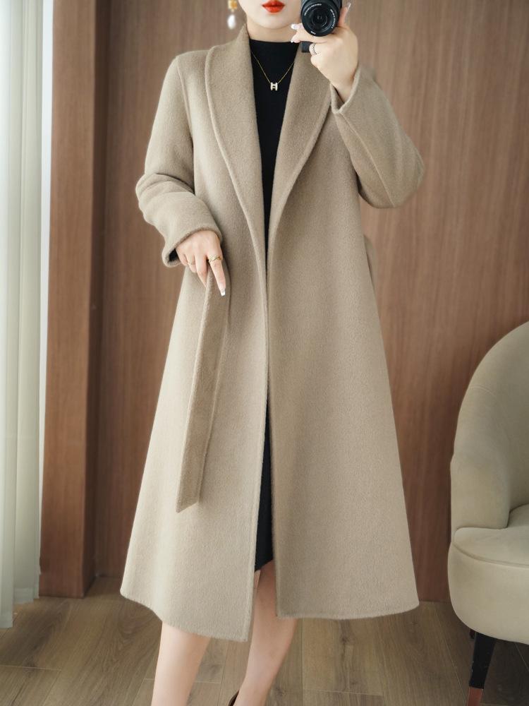 Temperament Women's Extra Long Double-Faced Wool Slim Fit Pea Coat - 100% Wool Autumn/Winter High-End Overcoat