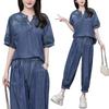 European station summer thin denim suit women's new fashion loose and thin foreign style age reduction two-piece set tide