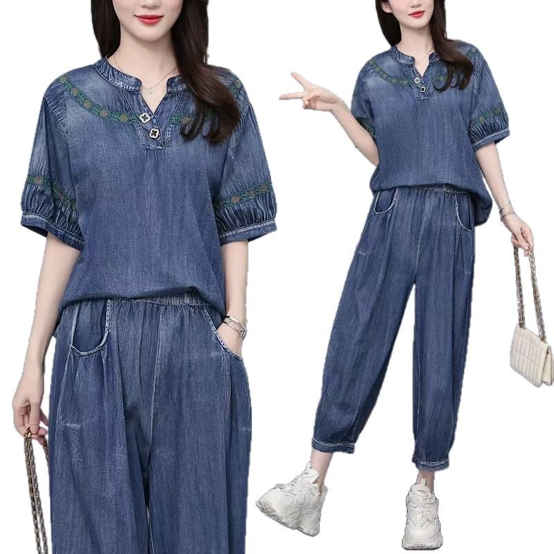European station summer thin denim suit women's new fashion loose and thin foreign style age reduction two-piece set tide