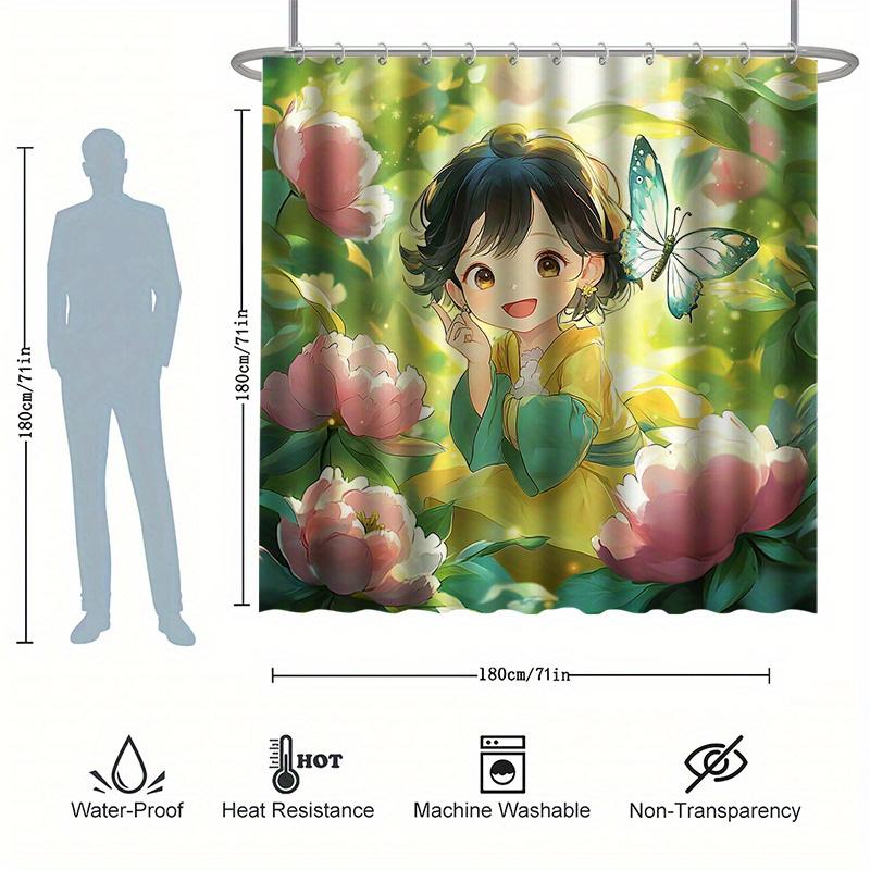 Cartoon Girl Shower Curtain Set, Butterfly & Floral Design, Water-Resistant Polyester, Bathtub Partition,  All-Season