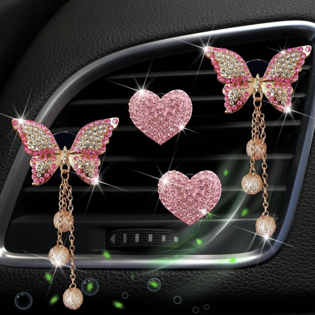Pink Heart & Butterfly Air Vent Clips, 4 Pcs Bling Heart & Butterfly Air Fresheners Vents Clips Diamond Car Interior Decor Bling Cute Pink Car