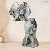 Women Plus Size Printed Two Piece Skirt Set Round Neck Batwing Sleeve Ruffle Hem Top Fishtail Skirt Black Grey Gold