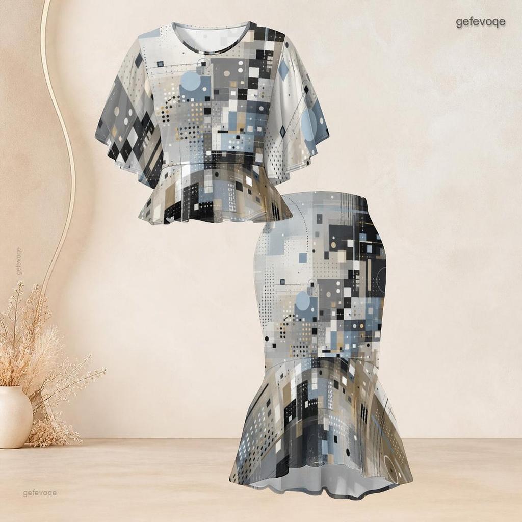 Women Plus Size Printed Two Piece Skirt Set Round Neck Batwing Sleeve Ruffle Hem Top Fishtail Skirt Black Grey Gold