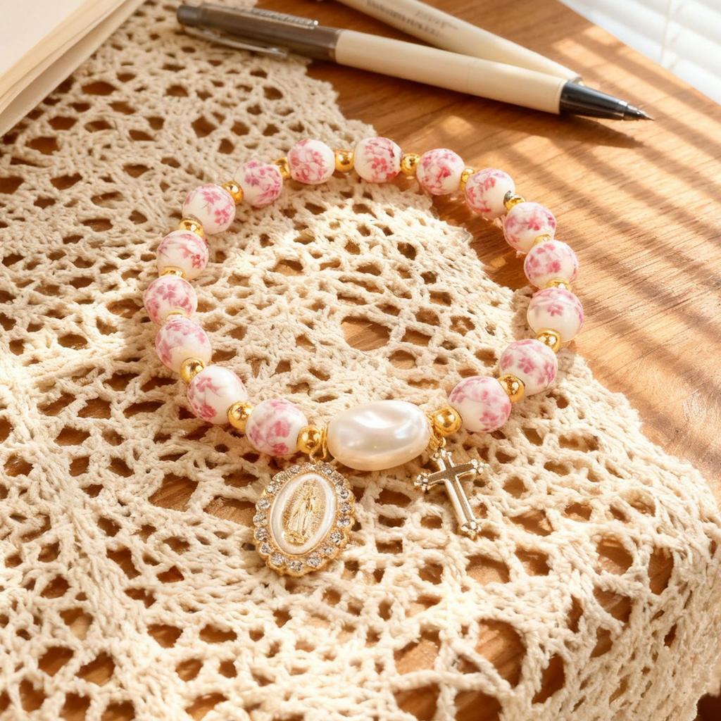 Pulsera de porcelana azul y blanca pulsera de cerámica pulsera Cruz colgante lazo colgante