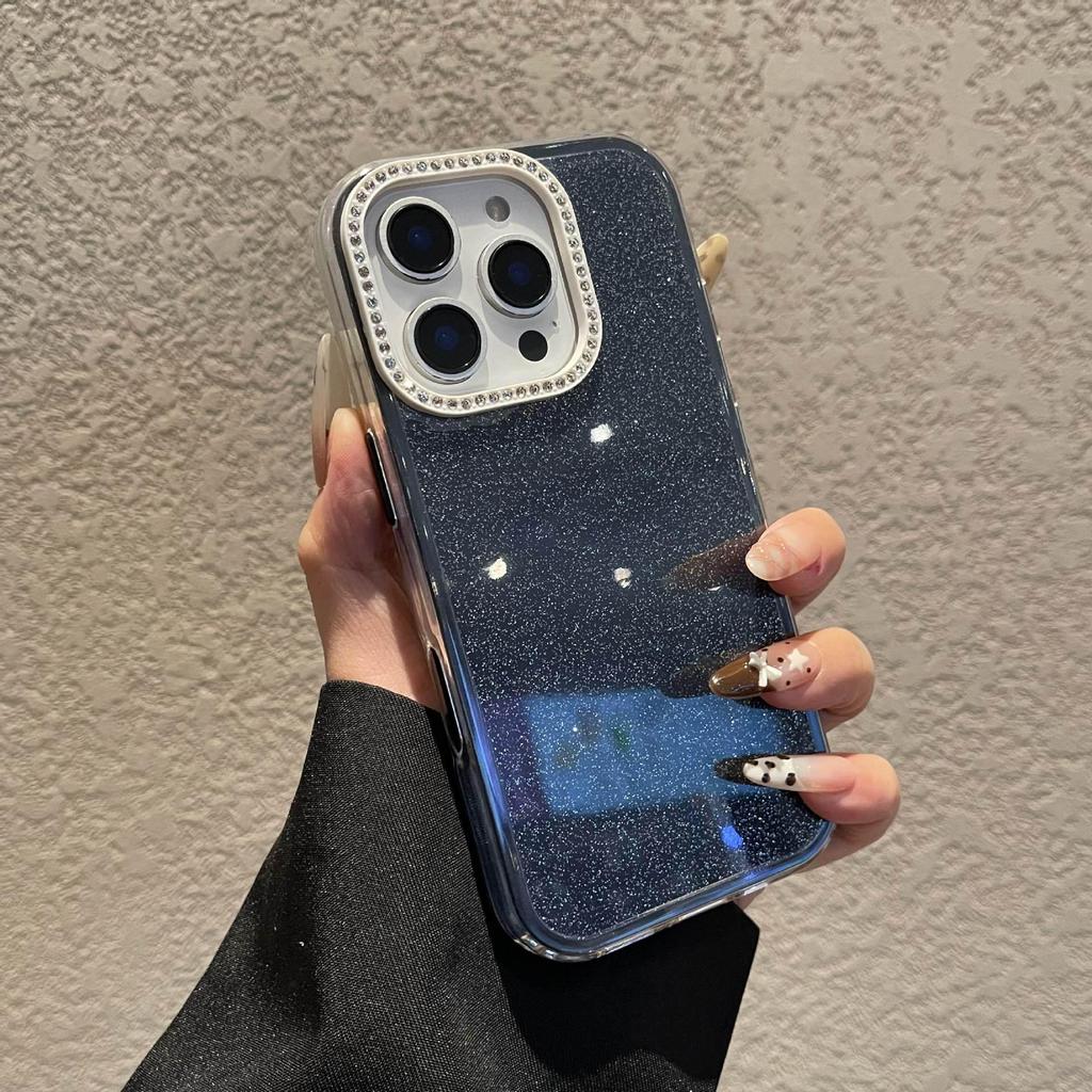 Custodia in Gel Glitterata Monocolore con Cornice Lente in Strass per iPhone 16 Pro Max