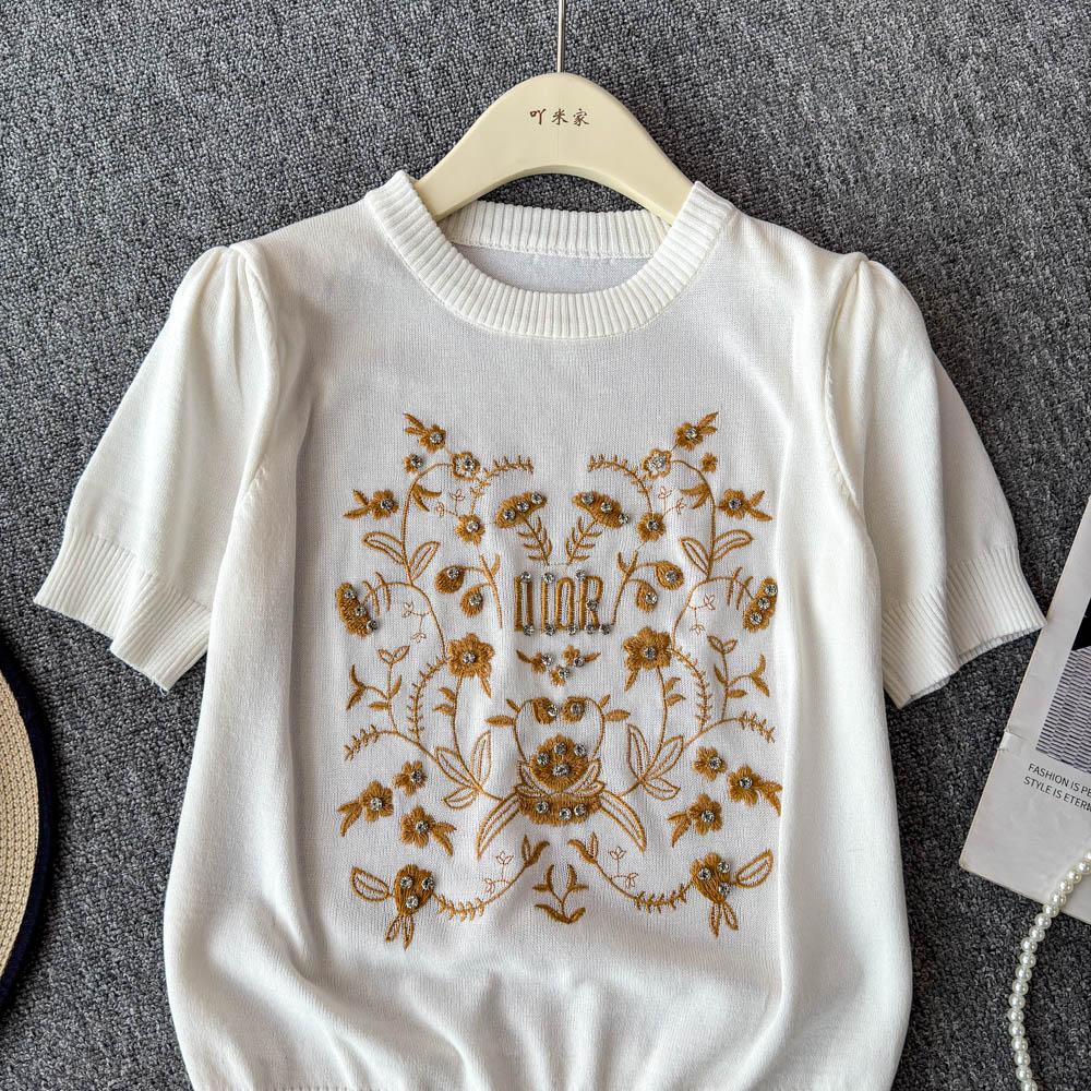 Summer Women O-neck Designer Embroidery Flower Beading Diamonds Knitted Sweater Pullover Tops Tshirt