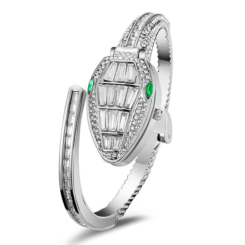 Female Snake Bracelet Light Luxury Open Bracelet Watch, Diamond-Set Personalized Fashion Quartz Watch