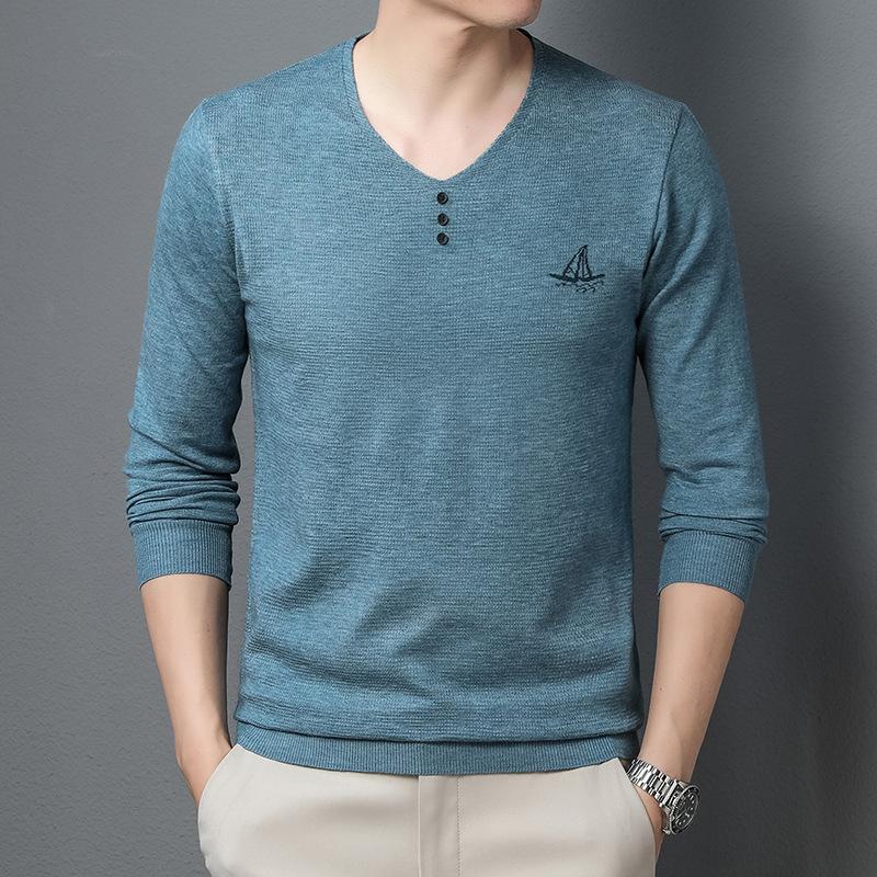 New Spring and Autumn Long-sleeved V-neck Sweaters for Young and Middle-aged Men, Slim and Handsome Bottoming Shirts