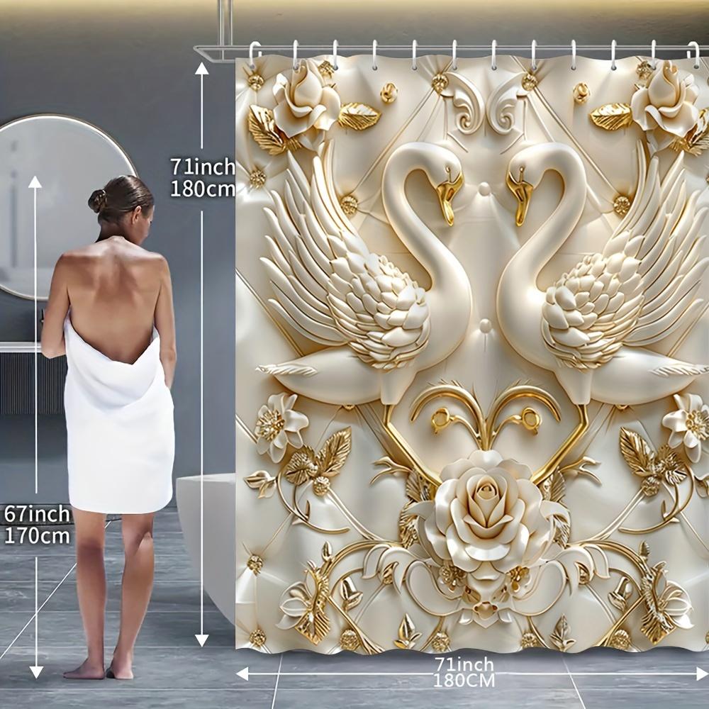Elegant 3D Swans And Roses Luxury Bathroom Set - Waterproof Shower Curtain, Toilet Lid Cover, Bath Mat, And Contour Mat