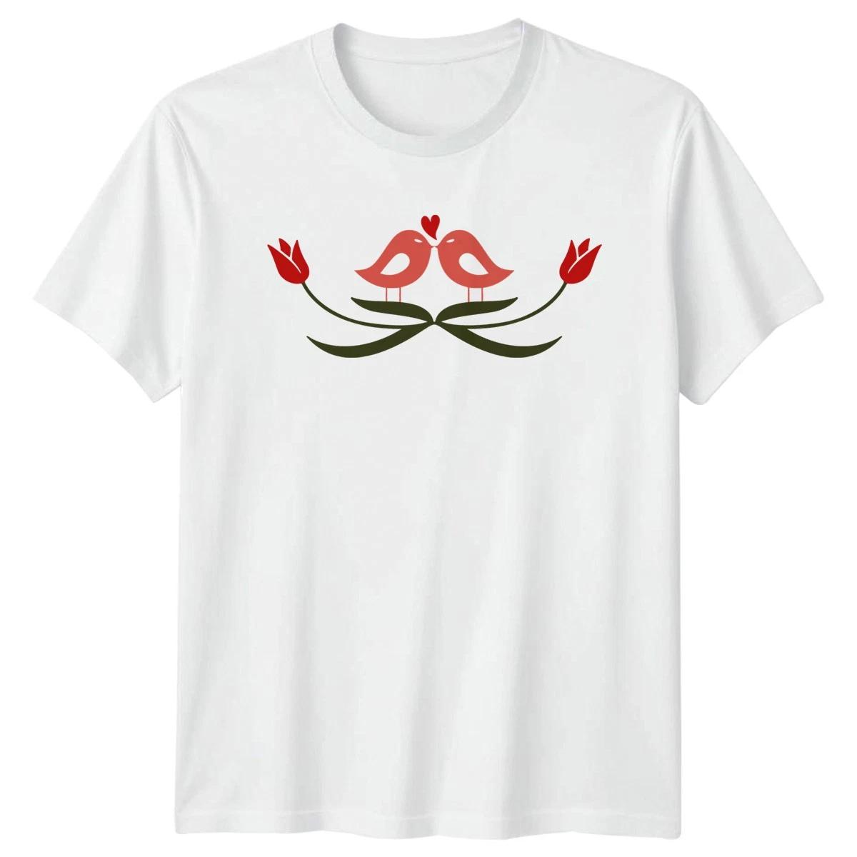Kissing Love Birds Tulip Heart T-Shirt Anniversary Couple Romance Wedding S
