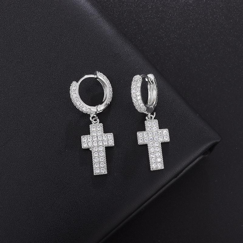 Hip Hop Iced Out Cross Dangle Earrings for Men Women Bling Silver Color Cubic Zircon Earrings Anti Allergy