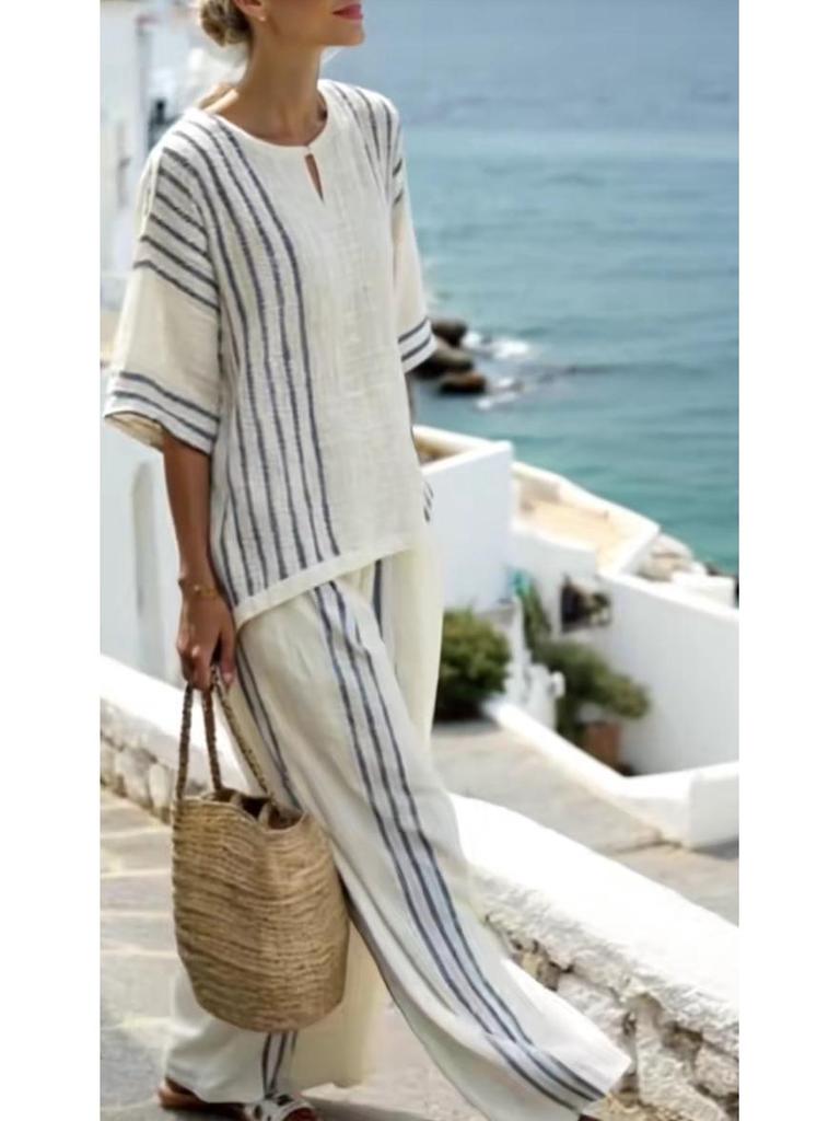 European & American Style Women's 2-Piece Set: Striped Short Sleeve Linen Cotton Top with Round Neck & Casual Pants, 2025