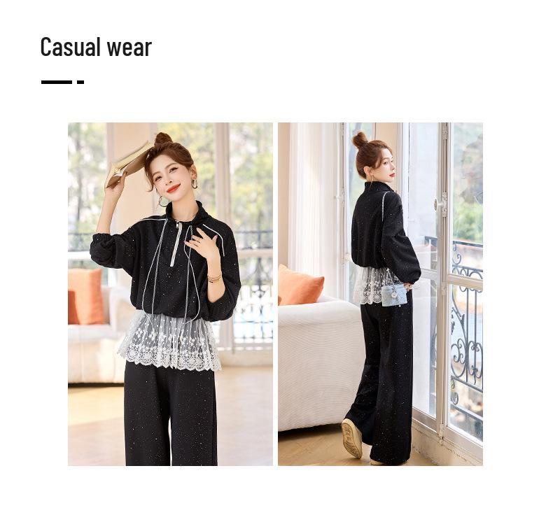 2025 Spring Fashion Lace-Trim Jacket & Wide-Leg Pants Set RX9210