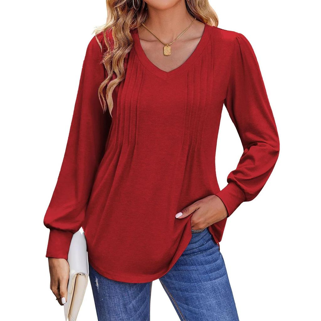 Women's T-shirt Solid Color V Neck Long Sleeve Top