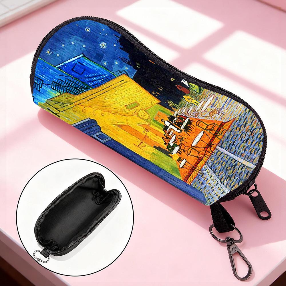 

Oil Painting Sunglasses Case Zipper Portable Eyeglasses Pouch With Carabiner Anti-Scratch Travel Glasses Bag For Women Men