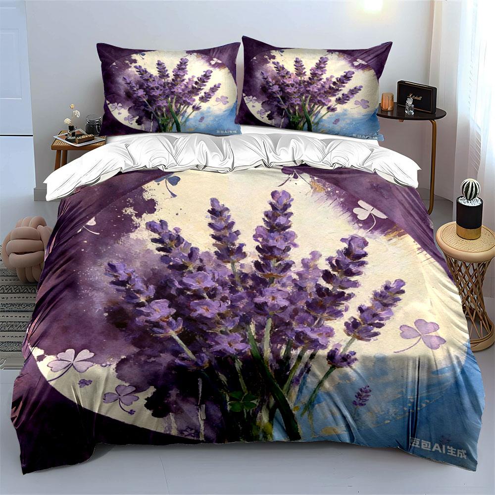 Lavender Floral Art Home Decor Multiple Sizes Kid'S And Adults' Bedroom Exquisite 3Pc Bedding Set, Gift