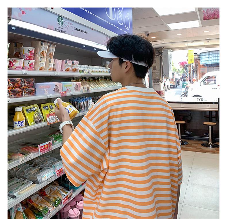 Men's Striped High Street Loose Fit T-Shirt - Trendy Summer Hong Kong Style for Couples and Students