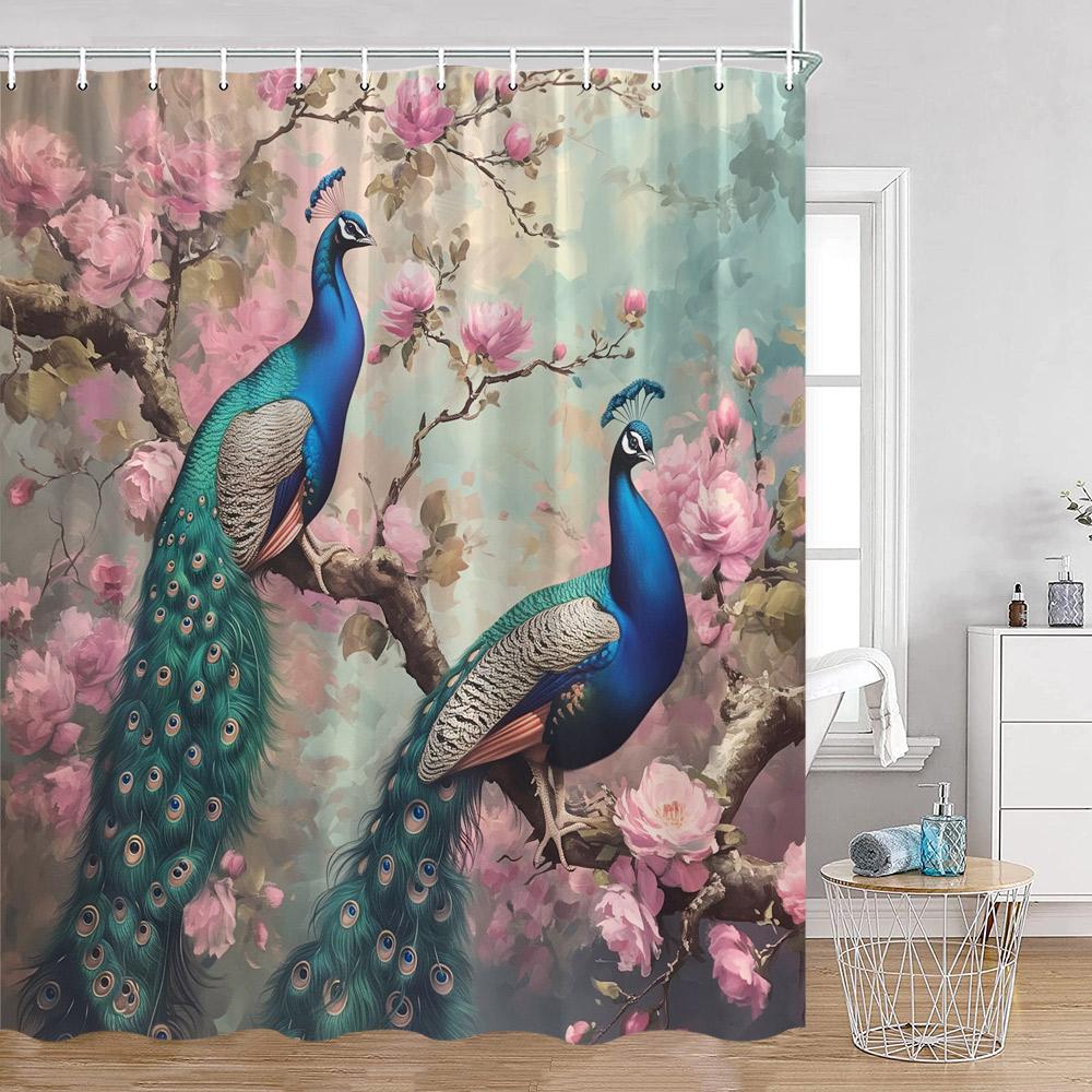 Peacock Shower Curtain Modern Oil Paniting Animals Flowers Plants Floral Bathroom Decor Elegant Fabric Bath Curtains with Hooks