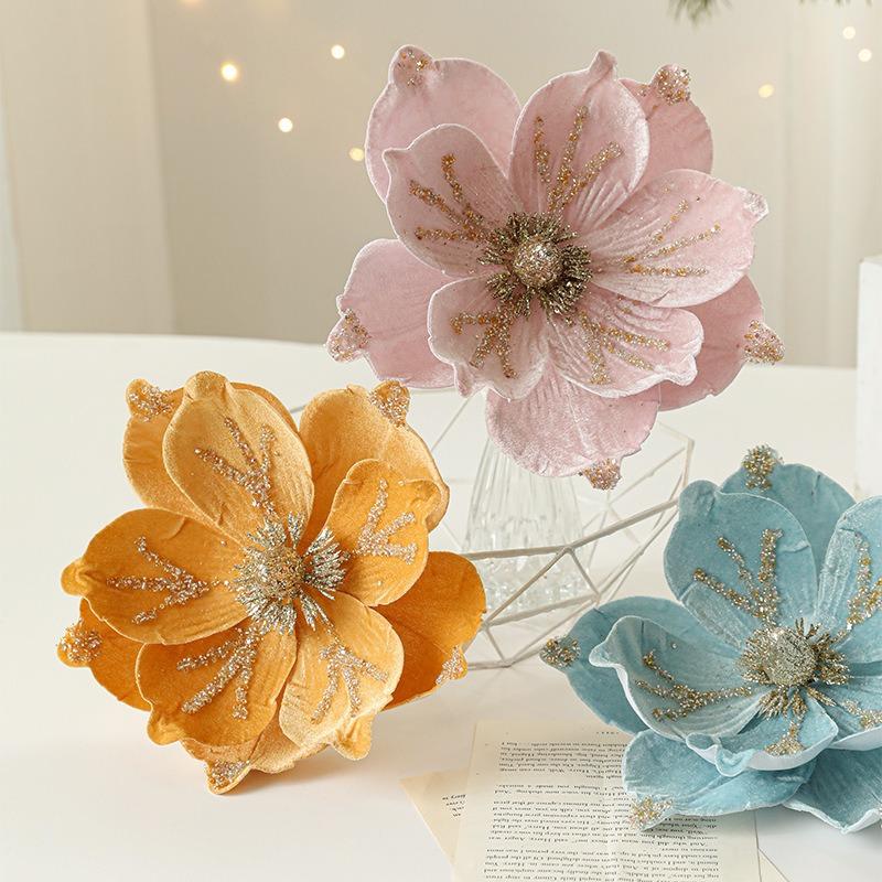 New 24CM sticky powder flocked Christmas flower magnolia flower high-end light luxury fabric Christmas decoration simulation flower