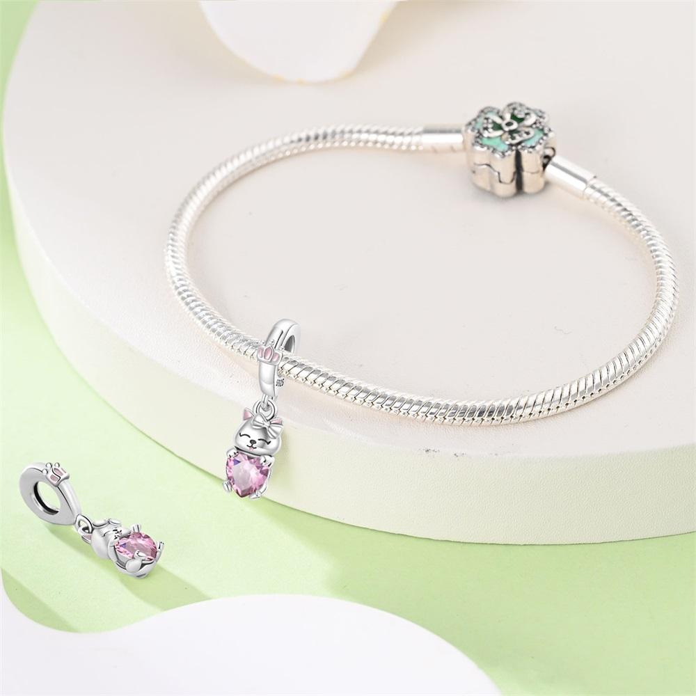Original Copper Charms Luxury Pink Heart Cat Pendant Beads Fit Bracelet Diy Women Making Delicate Gift