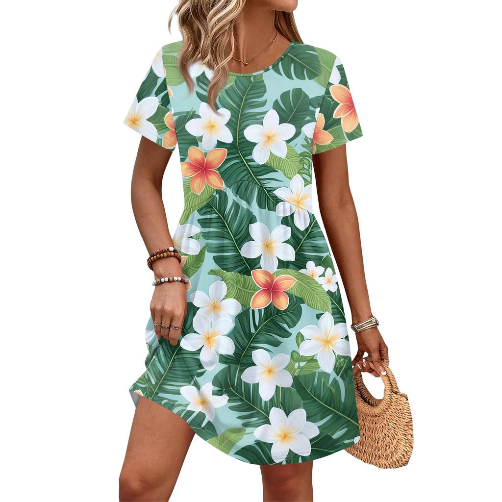 Dresses For Women Short Sleeve Print Round Neck Casual Dresses Waist Dress With Pockets