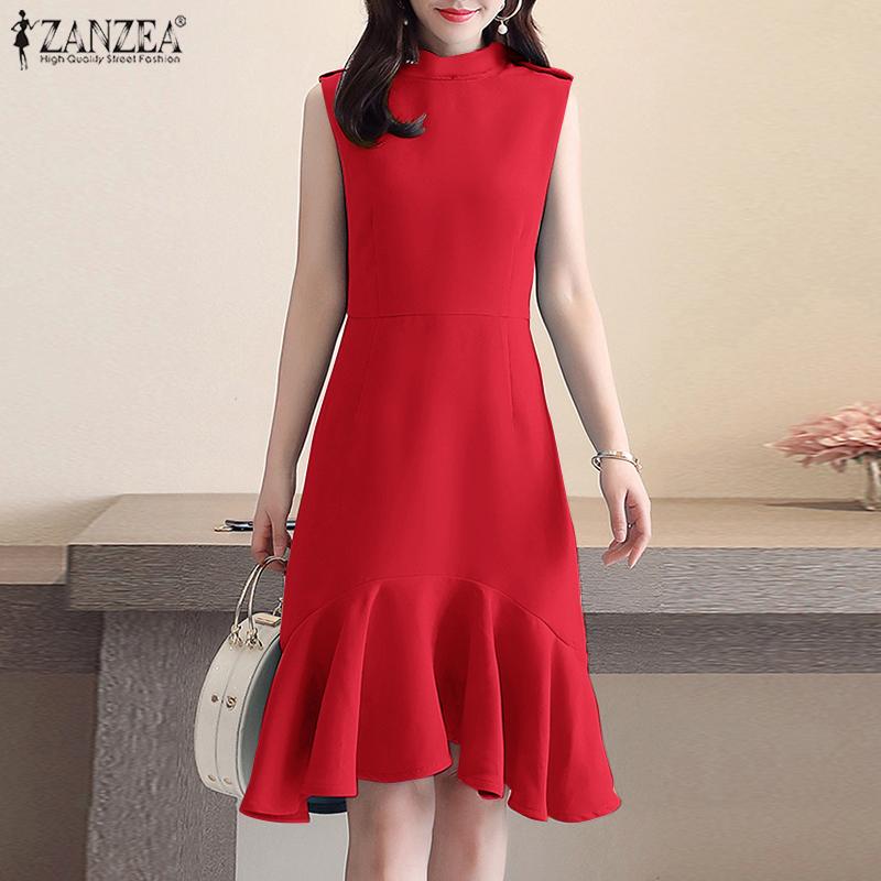 

ZANZEA Летние женщины Русалка Рюши Вечеринка без рукавов Утягивание Танк Миди Платье Миди