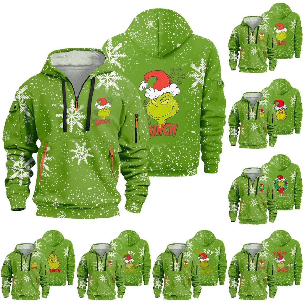 Men's Christmas Print Hooded Half-Zip Casual Sports Sweatshirt