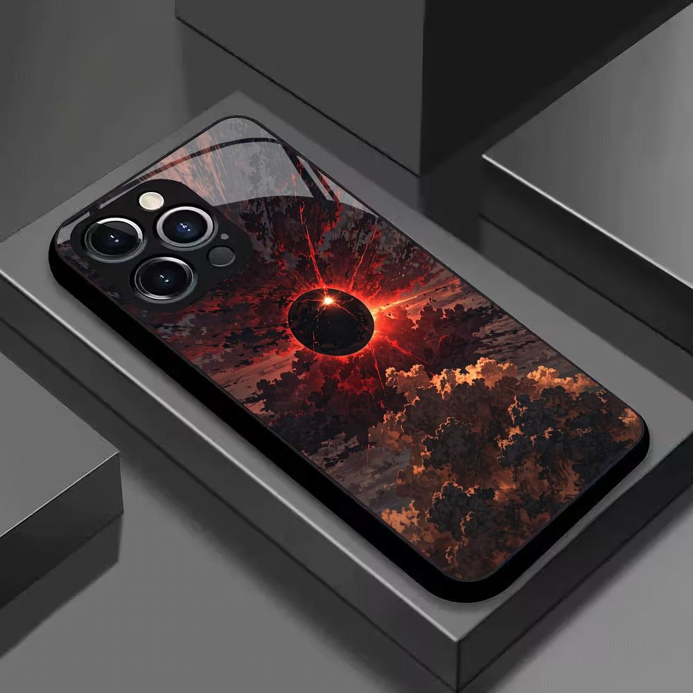 Red and black solar eclipse cloud glass phone case suitable for iPhone 17 16 15 14 13 12 11Pro/Max/Plus anti drop and shockproof
