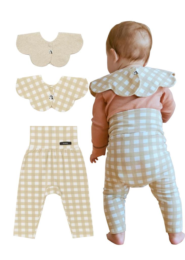 Soft Modal High Waist Leggings 1P Bib 2P Creamy Gingham Set [Konny] + / (Creamy Gingham/Creamy Gingham/Oatmeal)-6M